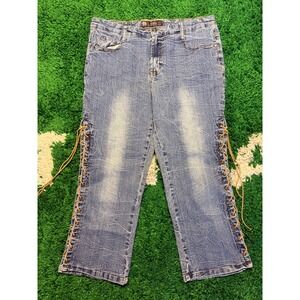 USED JEANS Women's‎ Lace Up Cropped Flare Denim Pants XL Distressed Wash